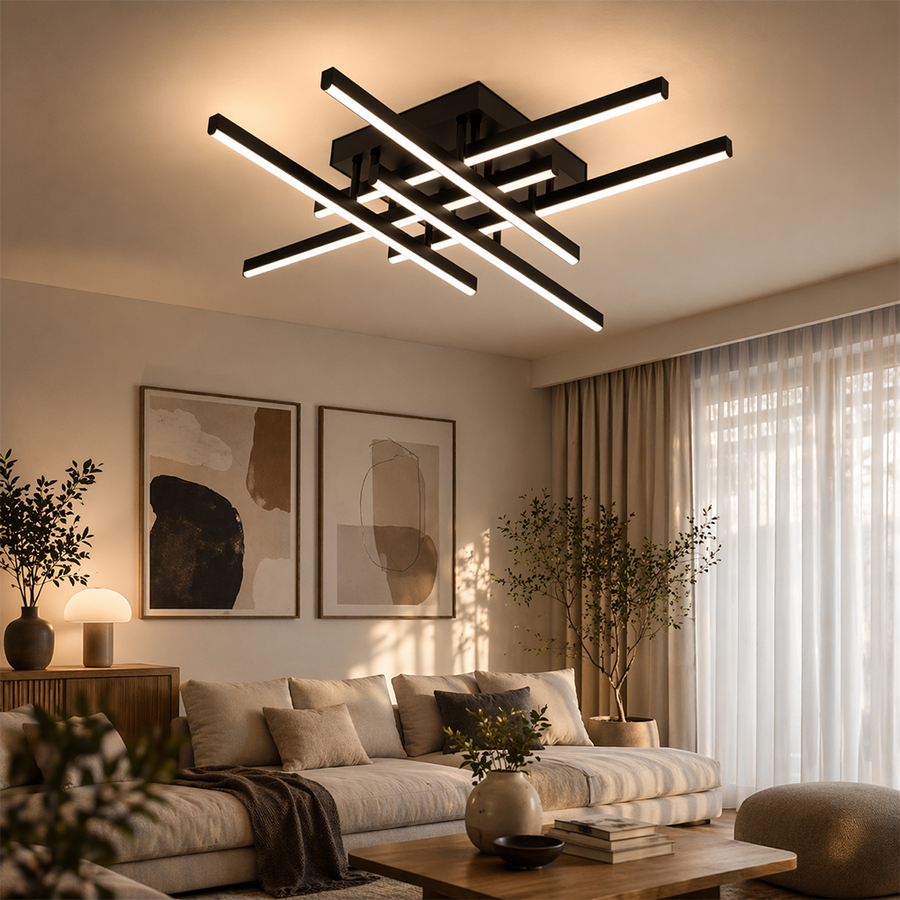 Πολυέλαιος LED με Τηλεχειριστήριο LINEX, 81W, 6 Στοιχεία, Γραμμικό, Κρύο/Ζεστό/Ουδέτερο φως, Ρυθμιζόμενο, Μαύροι πολυέλαιοι LED με τηλεχειριστήριο Προεπιλεγμένος τίτλος Alessandro Design