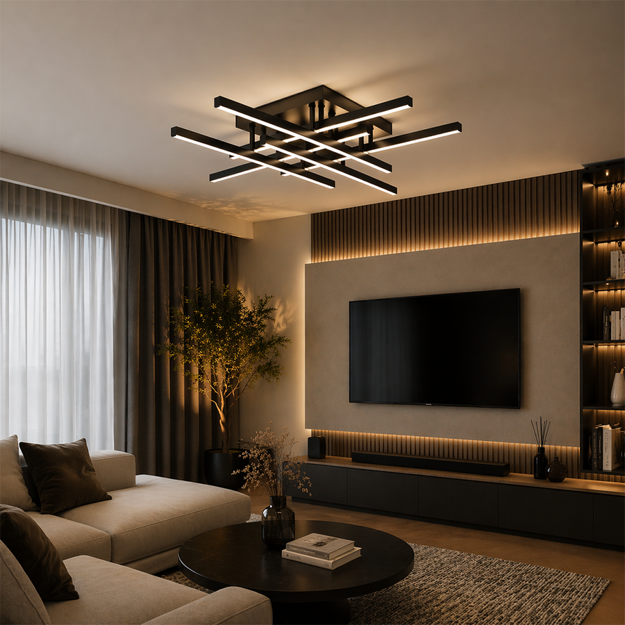 Πολυέλαιος LED με Τηλεχειριστήριο LINEX, 81W, 6 Στοιχεία, Γραμμικό, Κρύο/Ζεστό/Ουδέτερο φως, Ρυθμιζόμενο, Μαύροι πολυέλαιοι LED με τηλεχειριστήριο Προεπιλεγμένος τίτλος Alessandro Design
