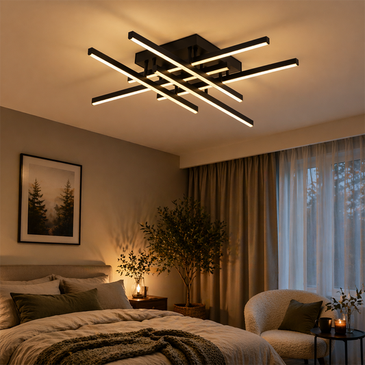 Πολυέλαιος LED με Τηλεχειριστήριο LINEX, 81W, 6 Στοιχεία, Γραμμικό, Κρύο/Ζεστό/Ουδέτερο φως, Ρυθμιζόμενο, Μαύροι πολυέλαιοι LED με τηλεχειριστήριο Προεπιλεγμένος τίτλος Alessandro Design