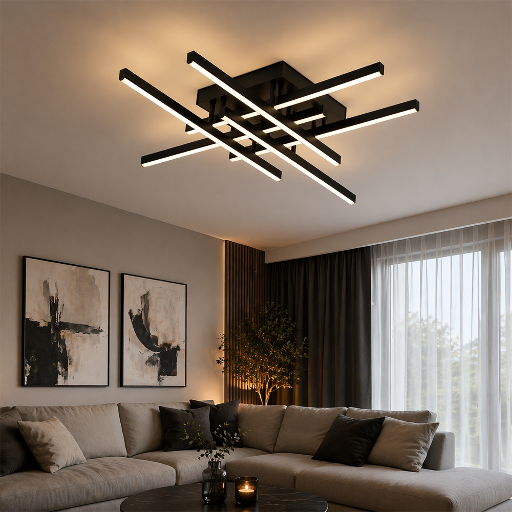 Πολυέλαιος LED με Τηλεχειριστήριο LINEX, 81W, 6 Στοιχεία, Γραμμικό, Κρύο/Ζεστό/Ουδέτερο φως, Ρυθμιζόμενο, Μαύροι πολυέλαιοι LED με τηλεχειριστήριο Προεπιλεγμένος τίτλος Alessandro Design