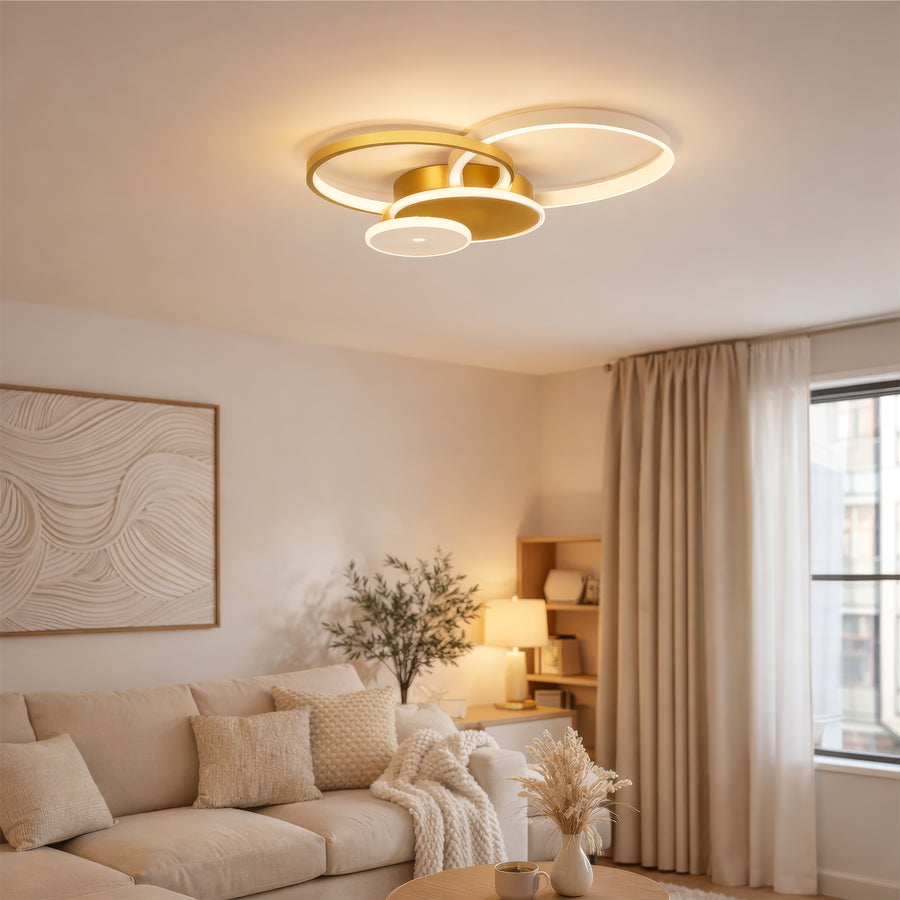 Πολυέλαιος LED με τηλεχειριστήριο KILLIAN 80W, 4 κύκλοι, κρύο/θερμό/ουδέτερο φως, ρυθμιζόμενο, χρυσοί πολυέλαιοι LED με τηλεχειριστήριο Προεπιλεγμένος τίτλος Alessandro Design