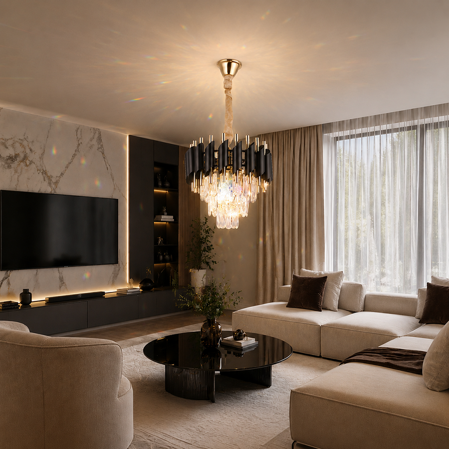 Crystal Chandelier VERSAILLES Petito 3xE14, Διάμετρος 30cm, Γυαλιστερό χρυσό και μαύρο, Ρυθμιζόμενο ύψος Κρυστάλλινος πολυέλαιος Προεπιλεγμένος τίτλος Alessandro Design