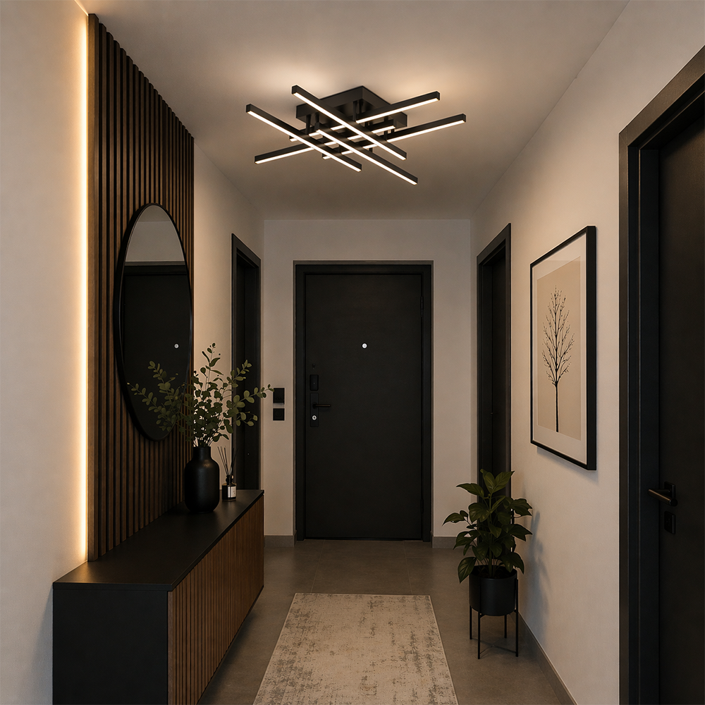 Πολυέλαιος LED με Τηλεχειριστήριο LINEX, 81W, 6 Στοιχεία, Γραμμικό, Κρύο/Ζεστό/Ουδέτερο φως, Ρυθμιζόμενο, Μαύροι πολυέλαιοι LED με τηλεχειριστήριο Προεπιλεγμένος τίτλος Alessandro Design