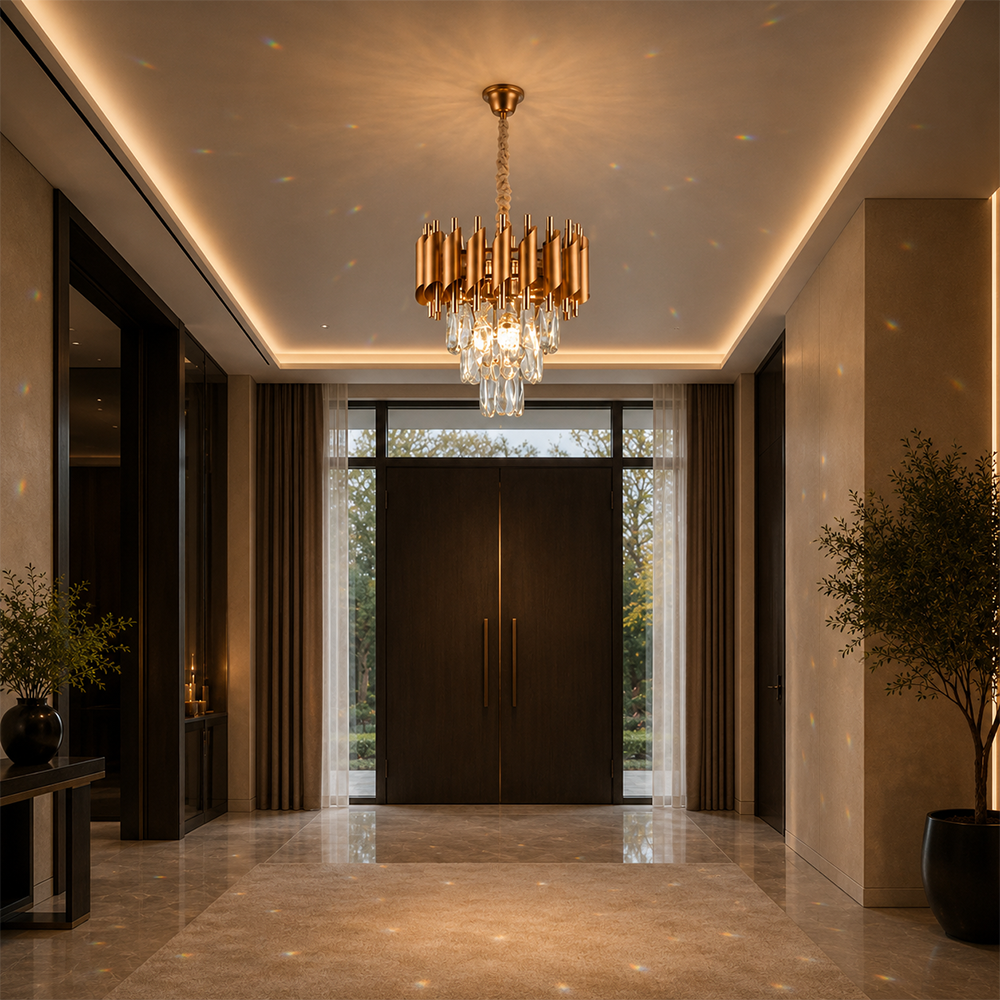 Crystal Chandelier VERSAILLES Petito 3xE14, Διάμετρος 30cm, Χρυσός, Ρυθμιζόμενο Ύψος, Metal and Crystal Crystal Chandeliers Προεπιλεγμένος τίτλος Alessandro Design