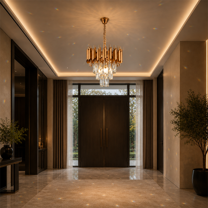 Crystal Chandelier VERSAILLES Petito 3xE14, Διάμετρος 30cm, Χρυσός, Ρυθμιζόμενο Ύψος, Metal and Crystal Crystal Chandeliers Προεπιλεγμένος τίτλος Alessandro Design