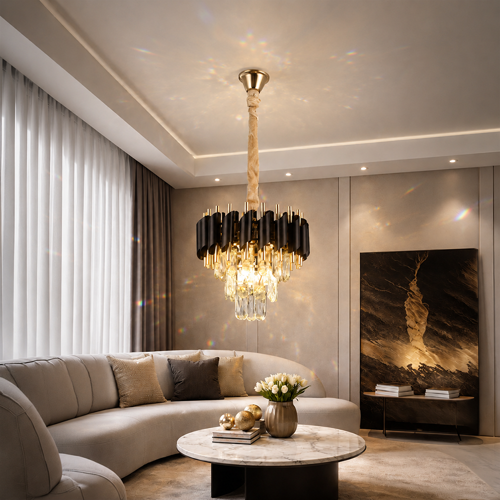 Crystal Chandelier VERSAILLES Petito 3xE14, Διάμετρος 30cm, Γυαλιστερό χρυσό και μαύρο, Ρυθμιζόμενο ύψος Κρυστάλλινος πολυέλαιος Προεπιλεγμένος τίτλος Alessandro Design