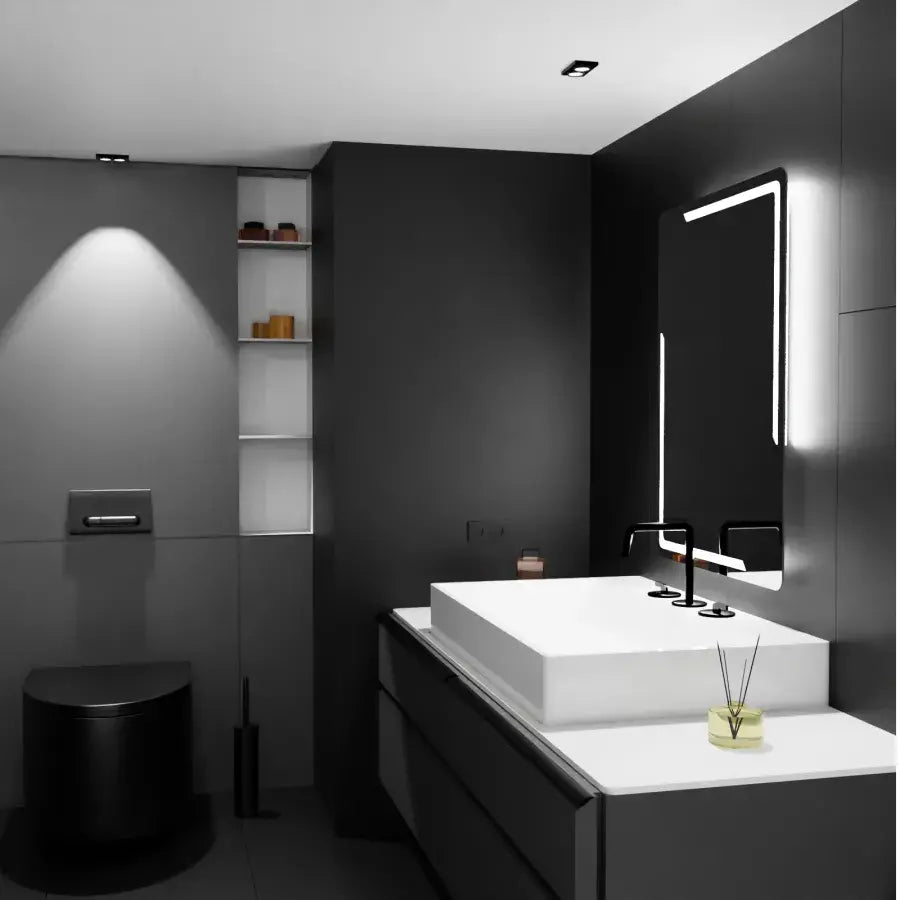 Ορθογώνιος καθρέφτης LED, 60x80 cm, Rayonnement MotionGlow Marcello, Σύστημα αποθάμβωσης, Ρολόι & Θερμόμετρο, Dimable Mirrors Marcello Προεπιλεγμένος τίτλος Alessandro Design
