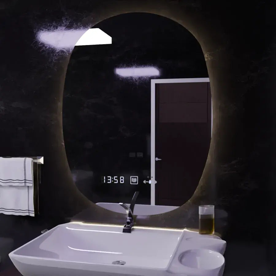 Οβάλ καθρέφτης LED, 60x80 cm, αισθητήρας Ranya Marcello MotionGlow, Σύστημα αποθολώματος, Ρολόι & Θερμόμετρο, Καθρέφτες Dimabila Marcello Προεπιλεγμένος τίτλος Alessandro Design