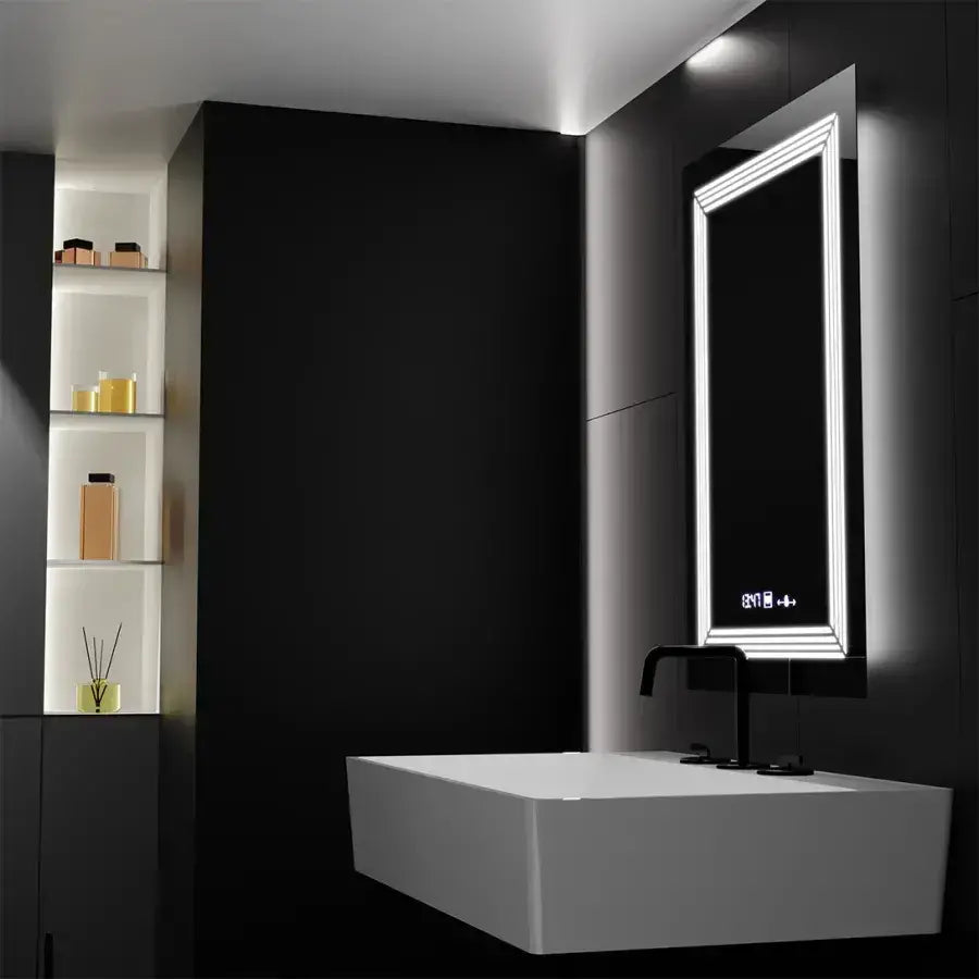 Ορθογώνιος καθρέφτης LED, 60x80 εκ., Venezia Marcello MotionGlow Sensor, Σύστημα αποθάμβωσης, Ρολόι & Θερμόμετρο, Ρυθμιζόμενο, Θερμό Ουδέτερο Ψυχρό Φως 3000K/4000K/6000K Καθρέφτες Marcello Προεπιλεγμένος τίτλος Alessandro Design