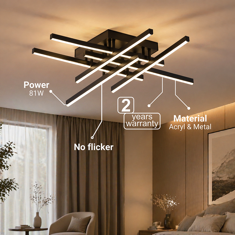 Πολυέλαιος LED με Τηλεχειριστήριο LINEX, 81W, 6 Στοιχεία, Γραμμικό, Κρύο/Ζεστό/Ουδέτερο φως, Ρυθμιζόμενο, Μαύροι πολυέλαιοι LED με τηλεχειριστήριο Προεπιλεγμένος τίτλος Alessandro Design