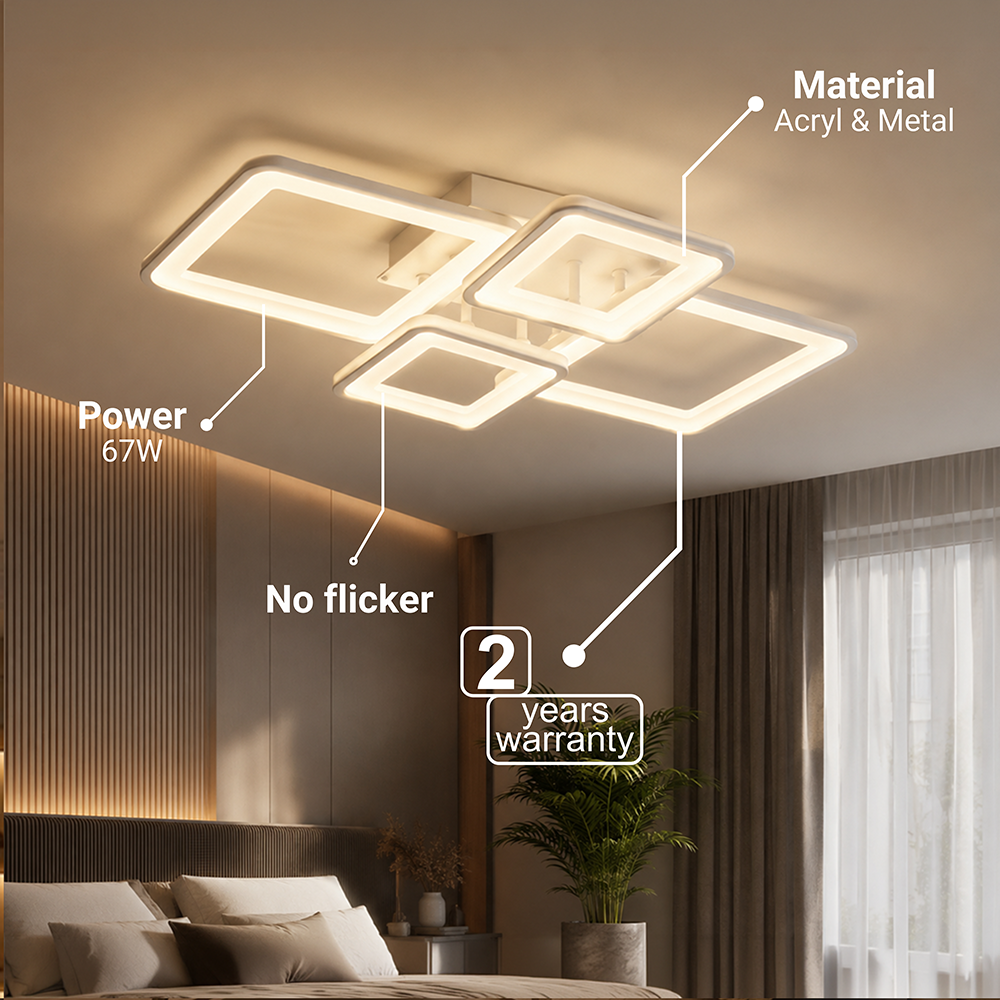 Πολυέλαιος LED με τηλεχειριστήριο ELLA 67W, 4 τετράγωνα, κρύο/ζεστό/ουδέτερο φως, ρυθμιζόμενο, λευκός πολυέλαιος LED με τηλεχειριστήριο Προεπιλεγμένος τίτλος Alessandro Design