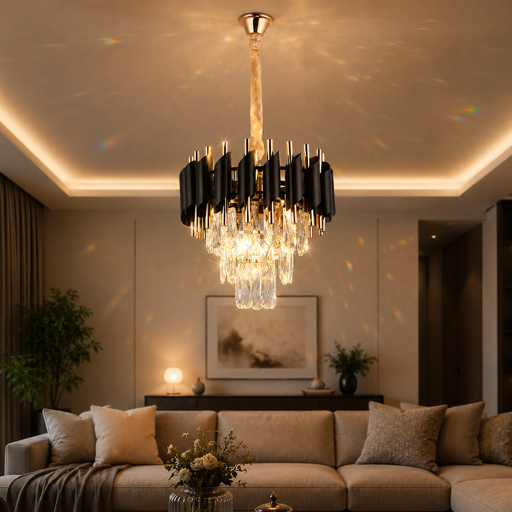 Crystal Chandelier VERSAILLES Petito 3xE14, Διάμετρος 30cm, Γυαλιστερό χρυσό και μαύρο, Ρυθμιζόμενο ύψος Κρυστάλλινος πολυέλαιος Προεπιλεγμένος τίτλος Alessandro Design