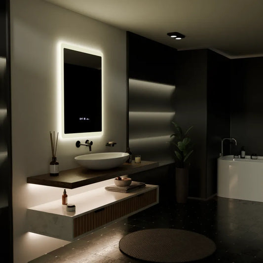 Ορθογώνιος καθρέφτης LED, 60x80 cm, αισθητήρας ELANCEE MotionGlow Marcello, Σύστημα αποθαμβώματος, Ρολόι & Θερμόμετρο, Dimable Mirrors Marcello Προεπιλεγμένος τίτλος Alessandro Design