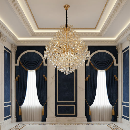 Candelabru Cristal KONIG Supremo, 24xE14, D100 cm, Auriu, Inaltime Reglabila, Metal si Cristal