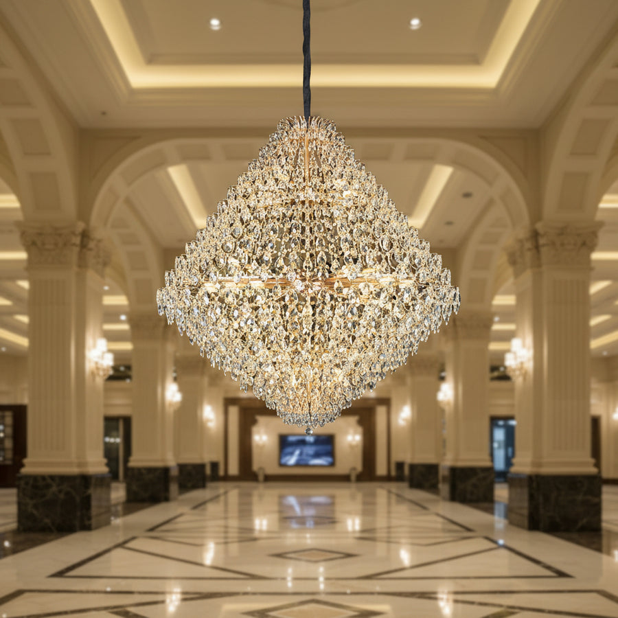 Candelabru Cristal KONIG Grande Supremo, 54xE14, D150 cm, Auriu, Inaltime Reglabila, Metal si Cristal