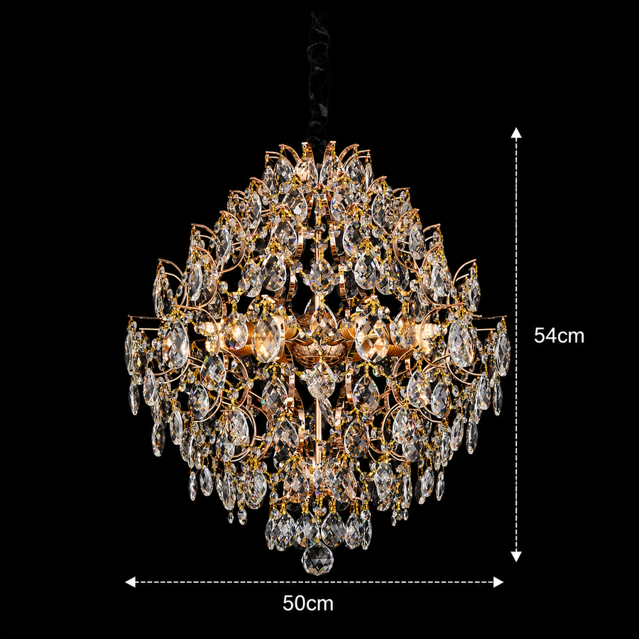 Candelabru Cristal KONIG Eleganza, 8xE14, D50 cm, Auriu, Inaltime Reglabila, Metal si Cristal