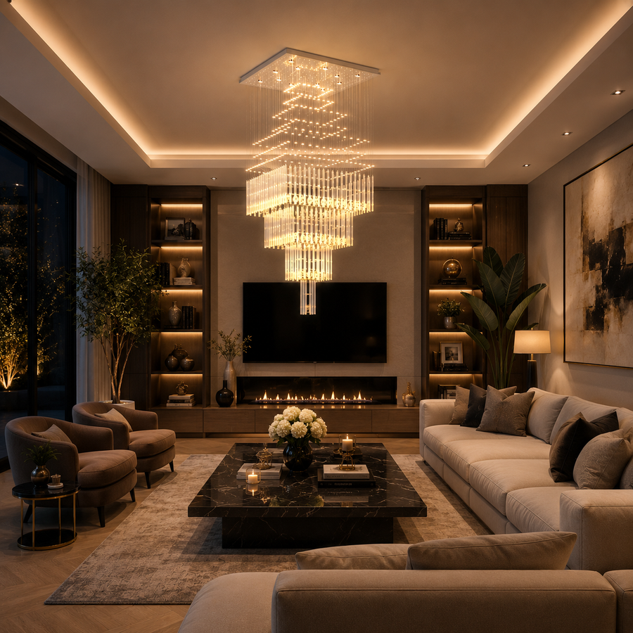 LED Κρυστάλλινος Πολυέλαιος 80W FLORENTIA Gold, Διάμετρος 50cm, Ύψος 200cm, Μοντέλο Σκάλας