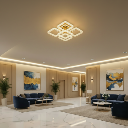 Lustra LED RENATO Magno cu telecomanda si cristal,  118W, 5 Patrate, Lumina Rece/Calda/Neutra, Dimabila, Auriu