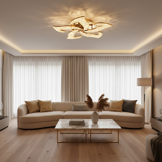 Lustra LED HALESA Magno cu telecomanda si cristal, 66W, 5 Surse, Lumina Rece/Calda/Neutra, Dimabila, Auriu