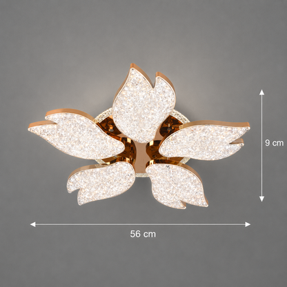 Lustra LED BLUME Magno cu telecomanda si cristal, 79W, 5 Surse, Lumina Rece/Calda/Neutra, Dimabila, Auriu