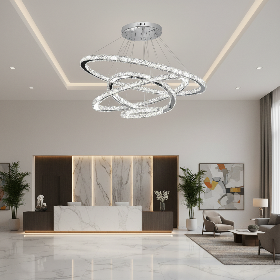 Πολυέλαιος LED με τηλεχειριστήριο PRISM Luminis, κρύσταλλο και μέταλλο, 210W, 4 κύκλοι, ρυθμιζόμενο, κρύο/θερμό/ουδέτερο φως, πολυτελής φωτισμός
