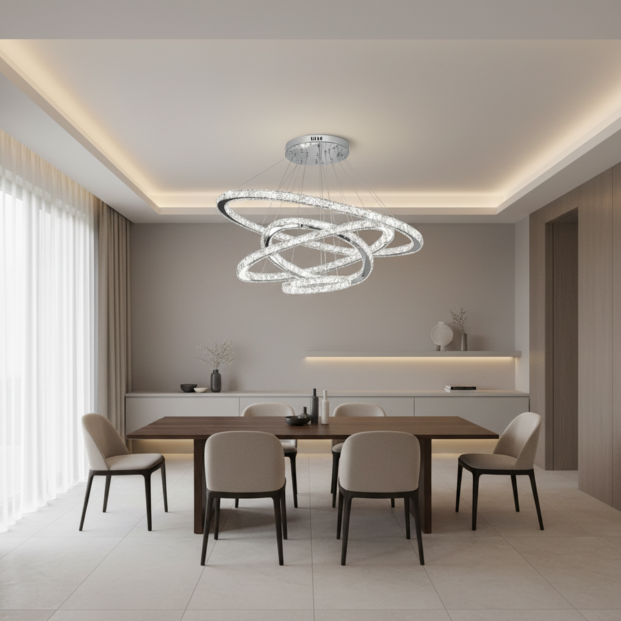 Πολυέλαιος LED με τηλεχειριστήριο PRISM Luminis, κρύσταλλο και μέταλλο, 210W, 4 κύκλοι, ρυθμιζόμενο, κρύο/θερμό/ουδέτερο φως, πολυτελής φωτισμός