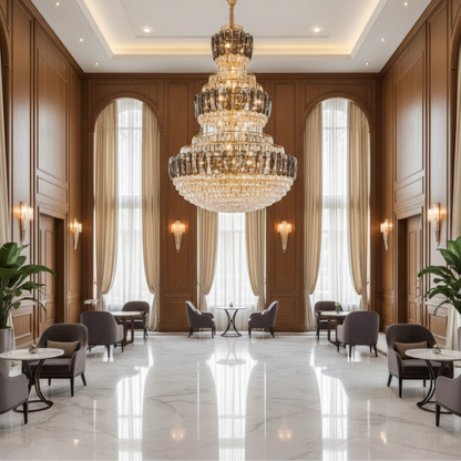 Candelabru Cristal VELIOR Supremo 40xE14, D100 cm, Auriu, Inaltime Reglabila, Metal si Cristal