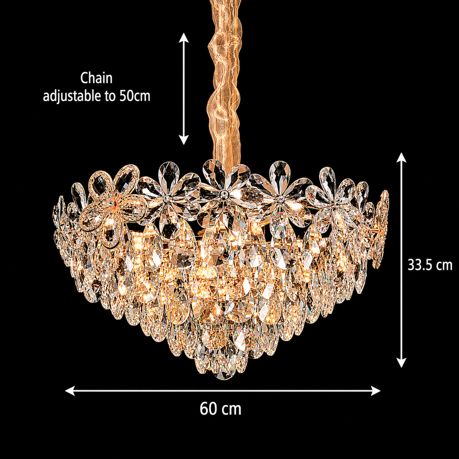 Magno Crystal Chandelier 11xE27, Διάμετρος 60cm, Γυαλιστερό Χρυσό, Ρυθμιζόμενο Ύψος, Μέταλλο και Κρύσταλλο