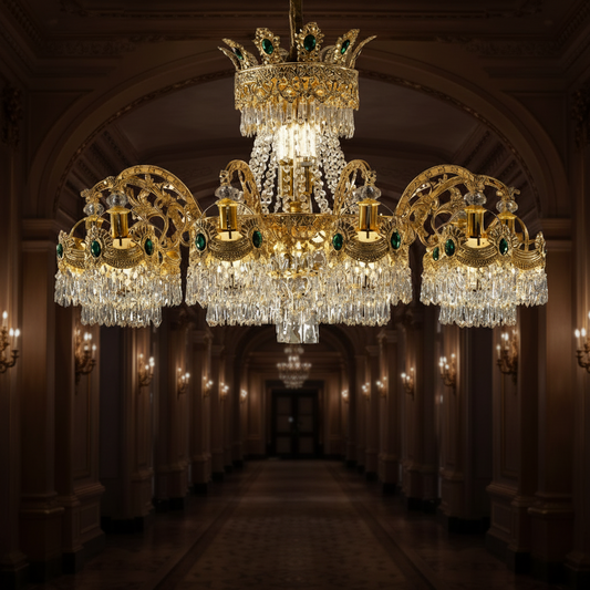 Candelabru Cristal 16xE14, D92cm, Auriu Lucios, Inaltime Reglabila, Metal si Cristal Candelabre Cristal Default Title Alessandro Design