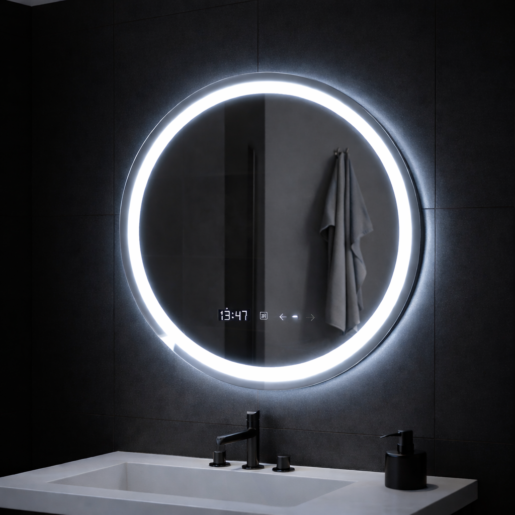 Στρογγυλός καθρέφτης LED, 70 εκ., Celeste MotionGlow Marcello, Σύστημα Demister, Ρολόι & Θερμόμετρο, Ρυθμιζόμενο, Θερμό Ουδέτερο Ψυχρό Φως 3000K/4000K/6000K Marcello Mirrors Προεπιλεγμένος τίτλος Alessandro Design