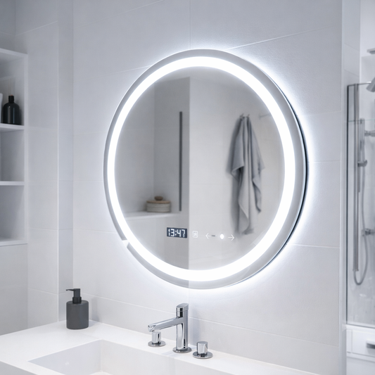 Στρογγυλός καθρέφτης LED, 70 εκ., Celeste MotionGlow Marcello, Σύστημα Demister, Ρολόι & Θερμόμετρο, Ρυθμιζόμενο, Θερμό Ουδέτερο Ψυχρό Φως 3000K/4000K/6000K Marcello Mirrors Προεπιλεγμένος τίτλος Alessandro Design