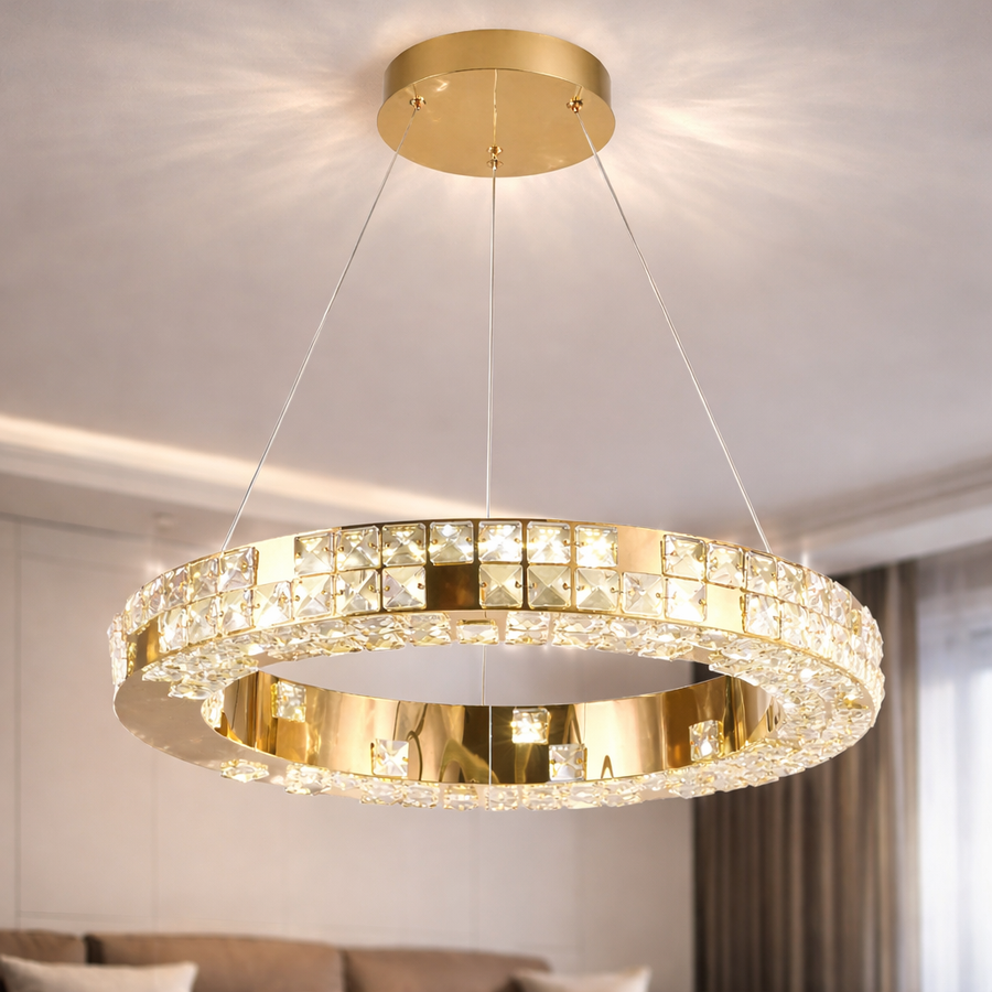 Lustra LED cu Telecomanda, LLC135/1GD, Cristal si Metal, 29W, 1 Cerc, Dimabila, Inaltime Reglabila, Lumina Rece/Calda/Neutra, Iluminat Luxos Lustre LED cu Telecomanda Default Title Alessandro Design