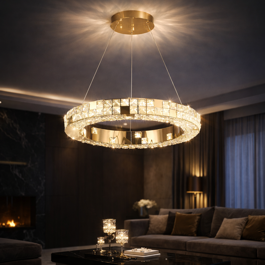 Lustra LED cu Telecomanda, LLC135/1GD, Cristal si Metal, 29W, 1 Cerc, Dimabila, Inaltime Reglabila, Lumina Rece/Calda/Neutra, Iluminat Luxos Lustre LED cu Telecomanda Default Title Alessandro Design