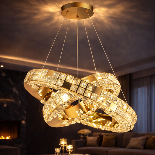 Lustra LED cu Telecomanda, LLC135/2GD, Cristal si Metal, 54W, 2 Cerc, Dimabila, Inaltime Reglabila, Lumina Rece/Calda/Neutra 3000K/4000K/6000K, Iluminat Luxos Lustre LED cu Telecomanda Default Title Alessandro Design