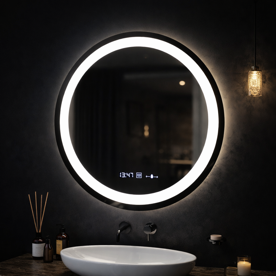 Στρογγυλός καθρέφτης LED, διάμετρος 50 cm, Celeste MotionGlow Marcello, Σύστημα αποθάμβωσης, Ρολόι & Θερμόμετρο, Ρυθμιζόμενο, Θερμό Ουδέτερο Ψυχρό Φως 3000K/4000K/6000K Καθρέφτες Marcello Προεπιλεγμένος τίτλος Alessandro Design