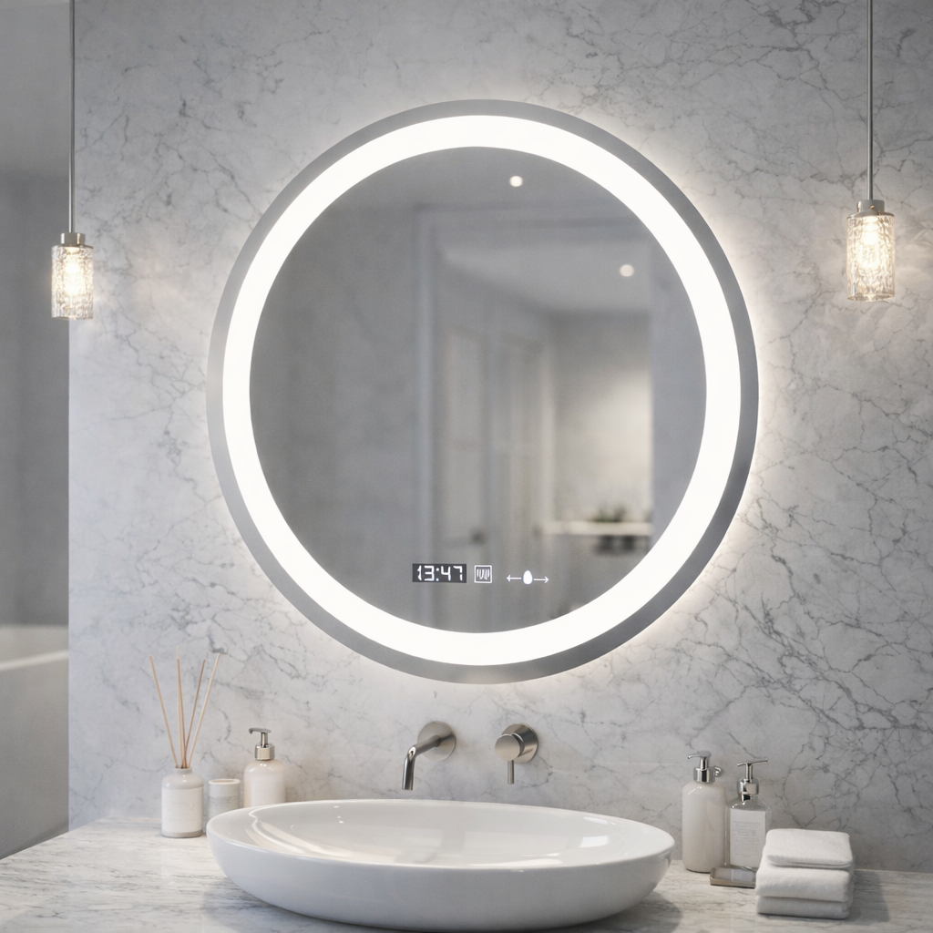 Στρογγυλός καθρέφτης LED, διάμετρος 50 cm, Celeste MotionGlow Marcello, Σύστημα αποθάμβωσης, Ρολόι & Θερμόμετρο, Ρυθμιζόμενο, Θερμό Ουδέτερο Ψυχρό Φως 3000K/4000K/6000K Καθρέφτες Marcello Προεπιλεγμένος τίτλος Alessandro Design