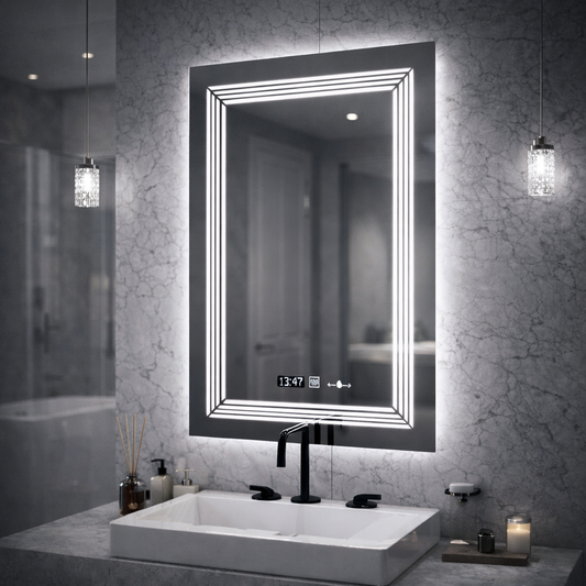 Ορθογώνιος καθρέφτης LED, 60x80 εκ., Venezia Marcello MotionGlow Sensor, Σύστημα αποθάμβωσης, Ρολόι & Θερμόμετρο, Ρυθμιζόμενο, Θερμό Ουδέτερο Ψυχρό Φως 3000K/4000K/6000K Καθρέφτες Marcello Προεπιλεγμένος τίτλος Alessandro Design