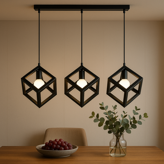 Cube Shape Chandelier, STRUKTUR Linear Trio, 3x E27, Μαύρο, Metal Luster Βιομηχανικός προεπιλεγμένος τίτλος Alessandro Design