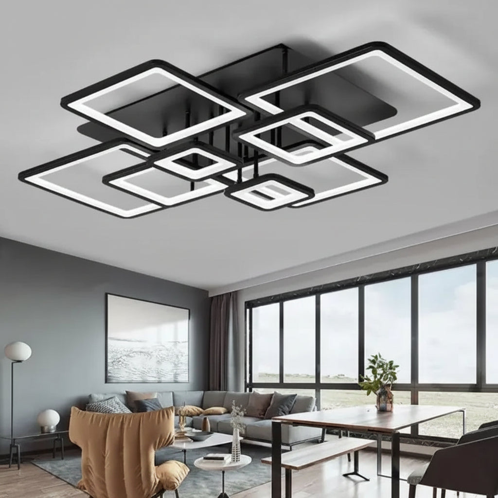 Πολυέλαιος LED με τηλεχειριστήριο ELLA 186W, 8 τετράγωνα, κρύο/θερμό/ουδέτερο φως, ρυθμιζόμενο, μαύροι πολυέλαιοι LED με τηλεχειριστήριο Προεπιλεγμένος τίτλος Alessandro Design