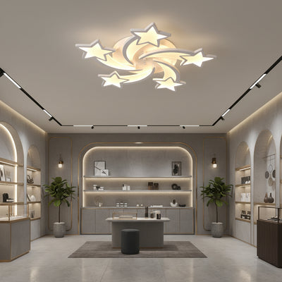 Πολυέλαιος LED με τηλεχειριστήριο IPOMOEA 85W, 5 αστέρια, Κρύο/Ζεστό/Ουδέτερο φως, Ρυθμιζόμενο, Λευκό, Μεταλλικό και Ακρυλικό