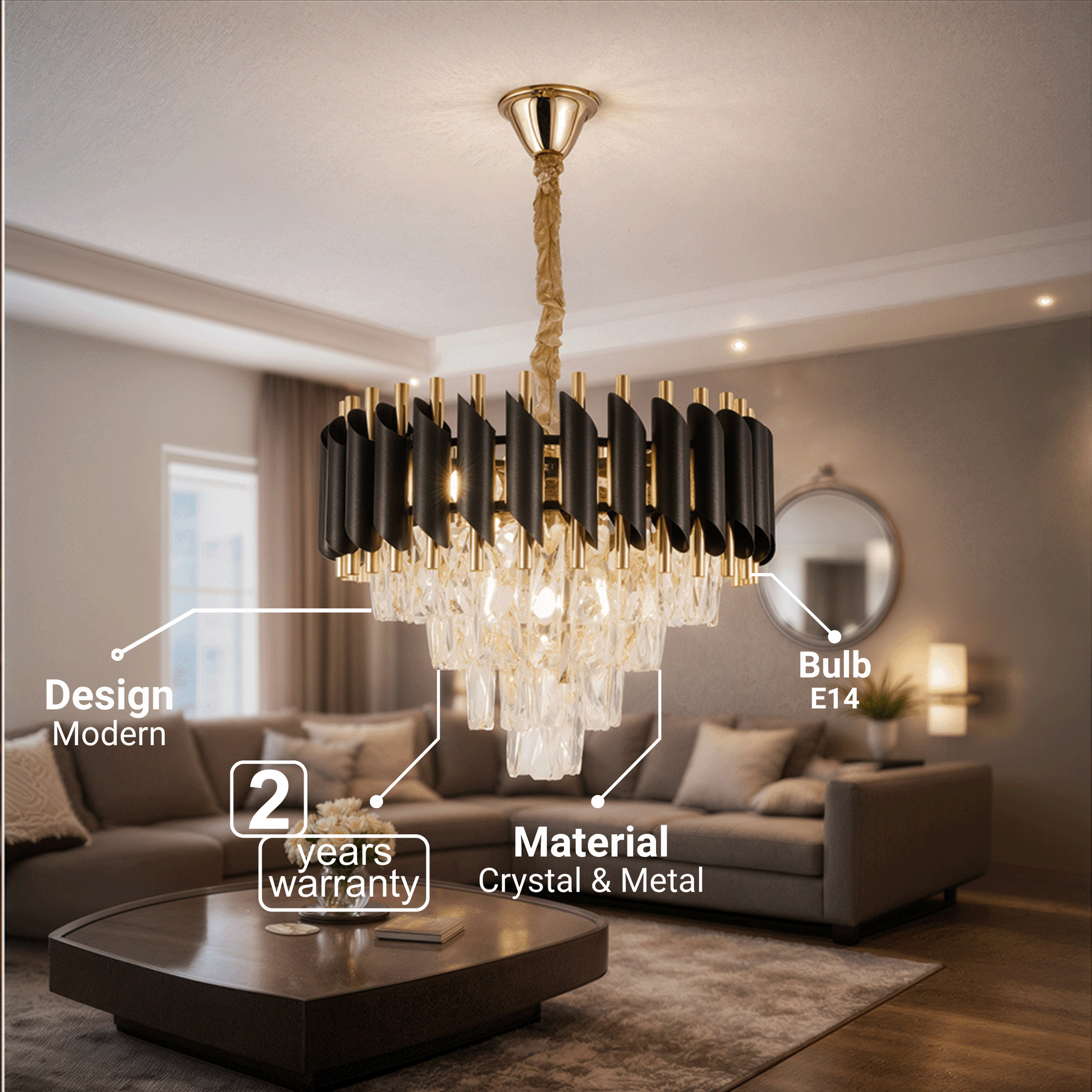 Crystal Chandelier VERSAILLES Nobile 5xE14, Diameter 40cm, Shiny Gold and Black Crystal Chandeliers Προεπιλεγμένος τίτλος Alessandro Design