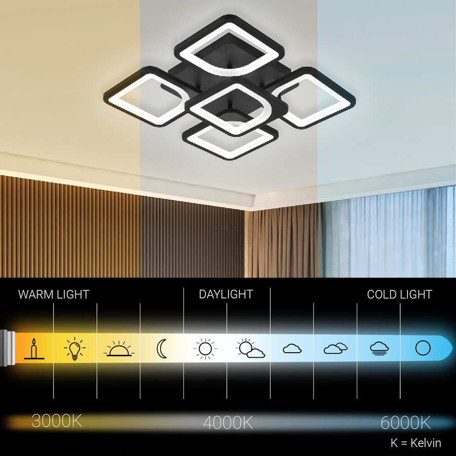 Πολυέλαιος LED με τηλεχειριστήριο ZOE 65W, 5 Τετράγωνα, Κρύο/Ζεστό/Ουδέτερο φως, Ρυθμιζόμενο, Μαύροι πολυέλαιοι LED με τηλεχειριστήριο Προεπιλεγμένος τίτλος Alessandro Design