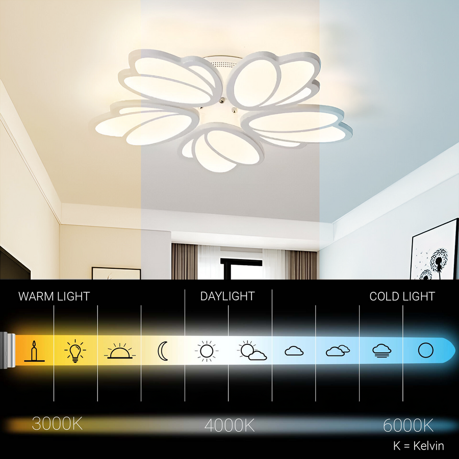 Πολυέλαιος LED με τηλεχειριστήριο TULIP 81W, 5 πέταλα, κρύο/ζεστό/ουδέτερο φως, ρυθμιζόμενο, λευκός πολυέλαιος LED με τηλεχειριστήριο Προεπιλεγμένος τίτλος Alessandro Design