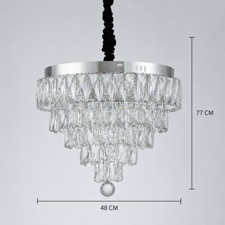 Lustra LED Cristal cu telecomanda RIGO Eleganza Diametru 48cm, Crom Lucios, Inaltime Reglabila, Metal si Cristal