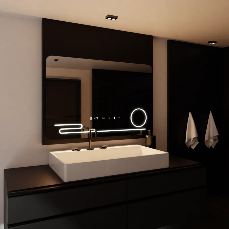 Ορθογώνιος καθρέφτης LED, 100x60 cm, Harmonie MotionGlow Marcello, Σύστημα αποθαμβώματος, Ρολόι & Θερμόμετρο, Καλλυντικός Μεγεθυντικός φακός, Dimable Marcello Mirrors Προεπιλεγμένος τίτλος Alessandro Design