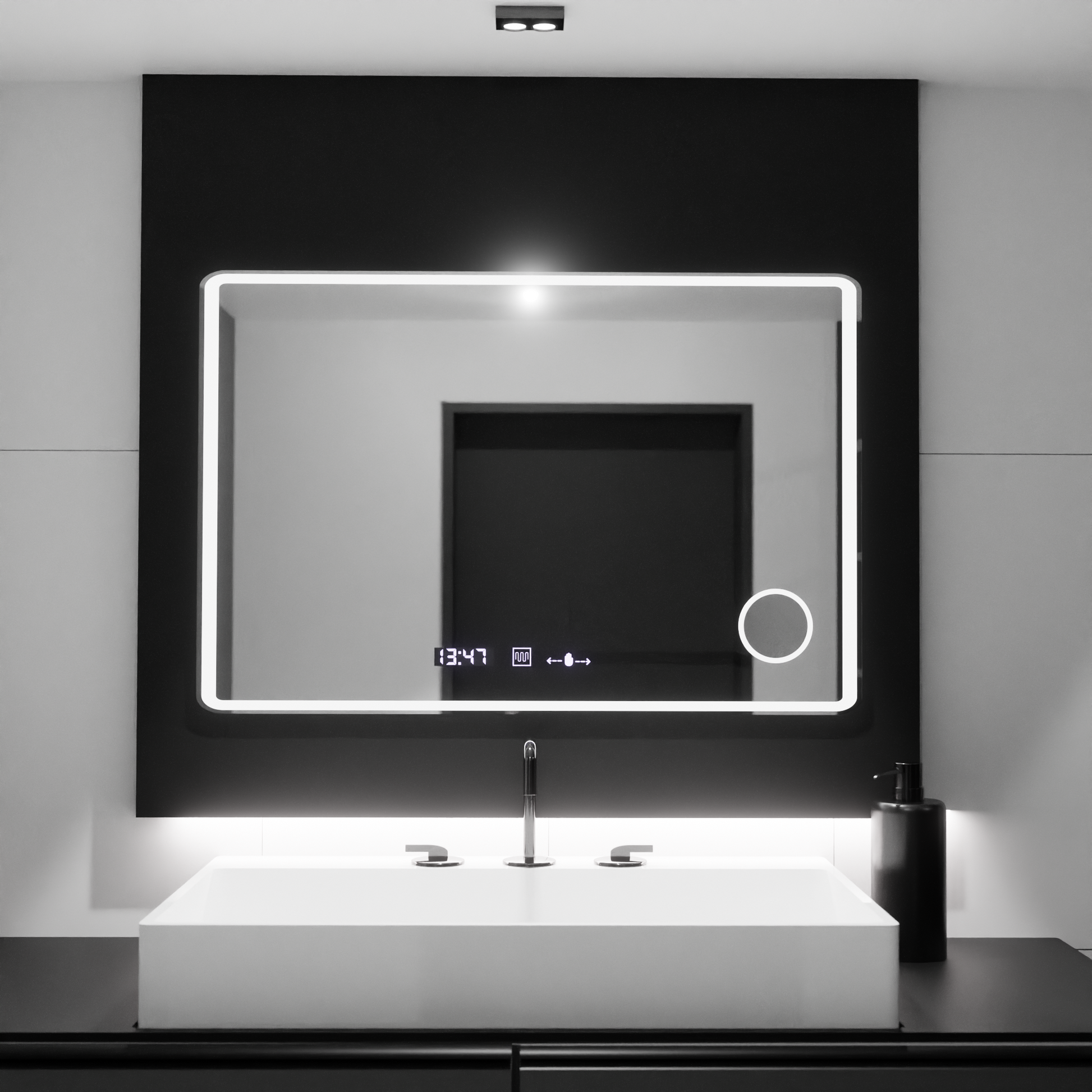 Ορθογώνιος καθρέφτης LED 120x80 Aura Riflesso Puro MotionGlow Marcello, Σύστημα αποθάμβωσης, Θερμόμετρο και ρολόι, Dimable Mirrors Marcello Προεπιλεγμένος τίτλος Alessandro Design