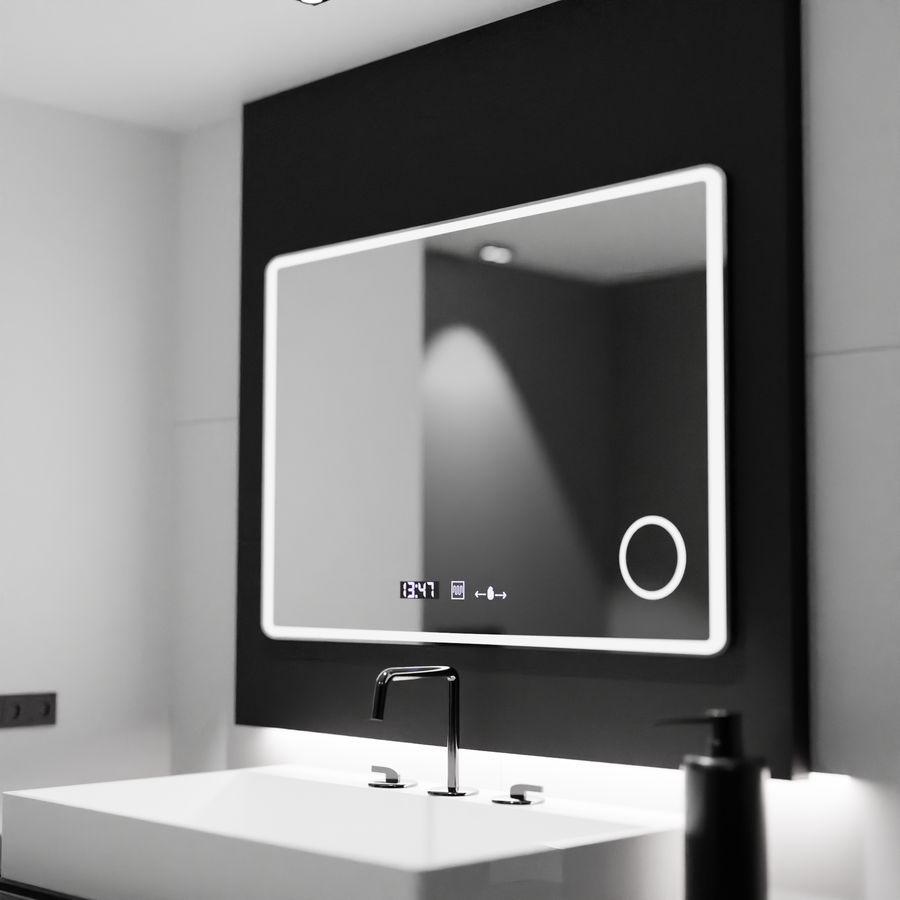 Ορθογώνιος καθρέφτης LED 120x80 Aura Riflesso Puro MotionGlow Marcello, Σύστημα αποθάμβωσης, Θερμόμετρο και ρολόι, Dimable Mirrors Marcello Προεπιλεγμένος τίτλος Alessandro Design