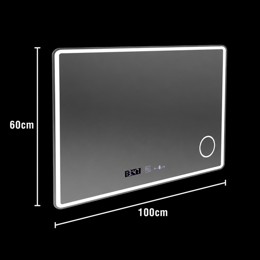 Ορθογώνιος καθρέφτης LED 120x80 Aura Riflesso Puro MotionGlow Marcello, Σύστημα Demister, Θερμόμετρο και Ρολόι, Ρυθμιζόμενο