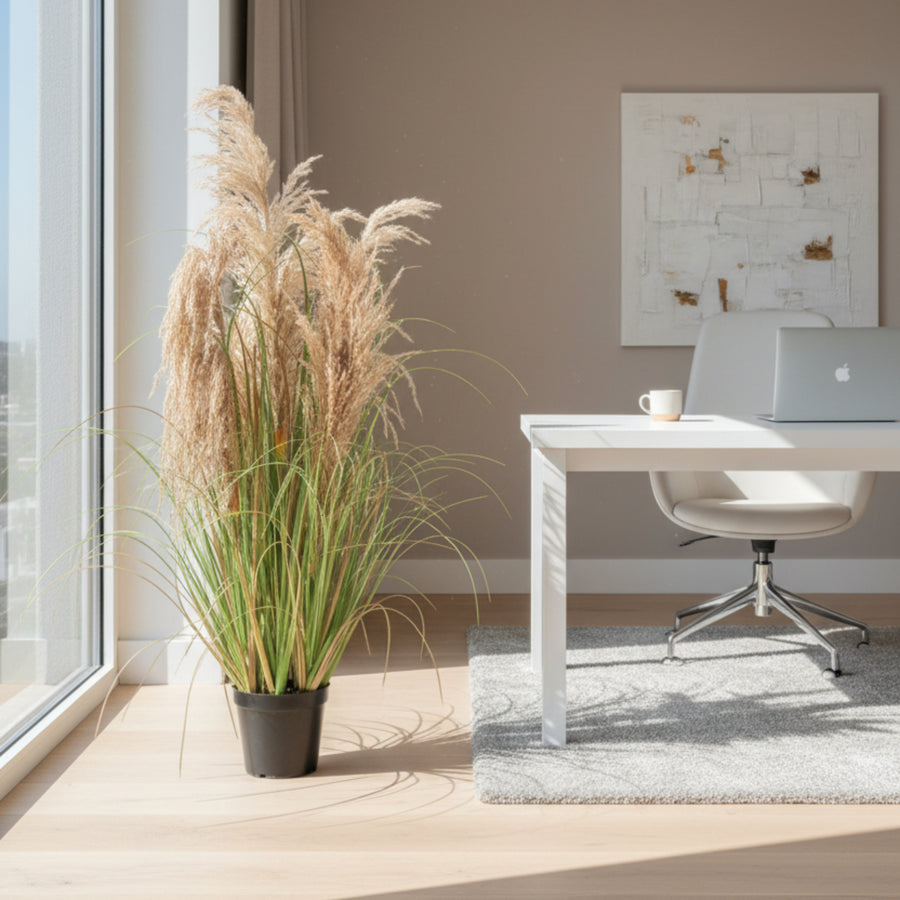 Planta Artificială Iarbă Ornamentală, 90 cm, cu 5 Fire, Stuf si Iarba, Verde Tomnal, Fara Ghiveci