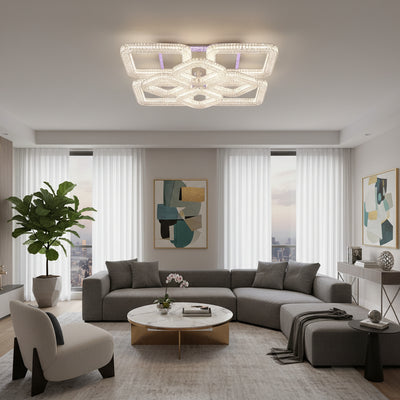 Lustra LED RENATO Magno cu telecomanda si cristal,  128W, 8 Patrate, Lumina Rece/Calda/Neutra, Dimabila, Alb